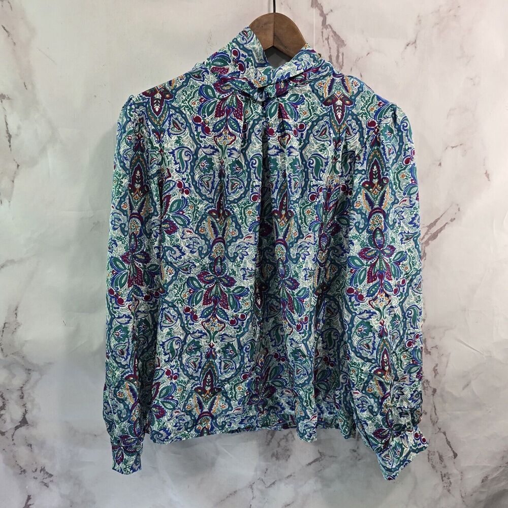 Vintage Blouse Womens Medium Green Blue Button Back 80s 90s Paisley Shirt